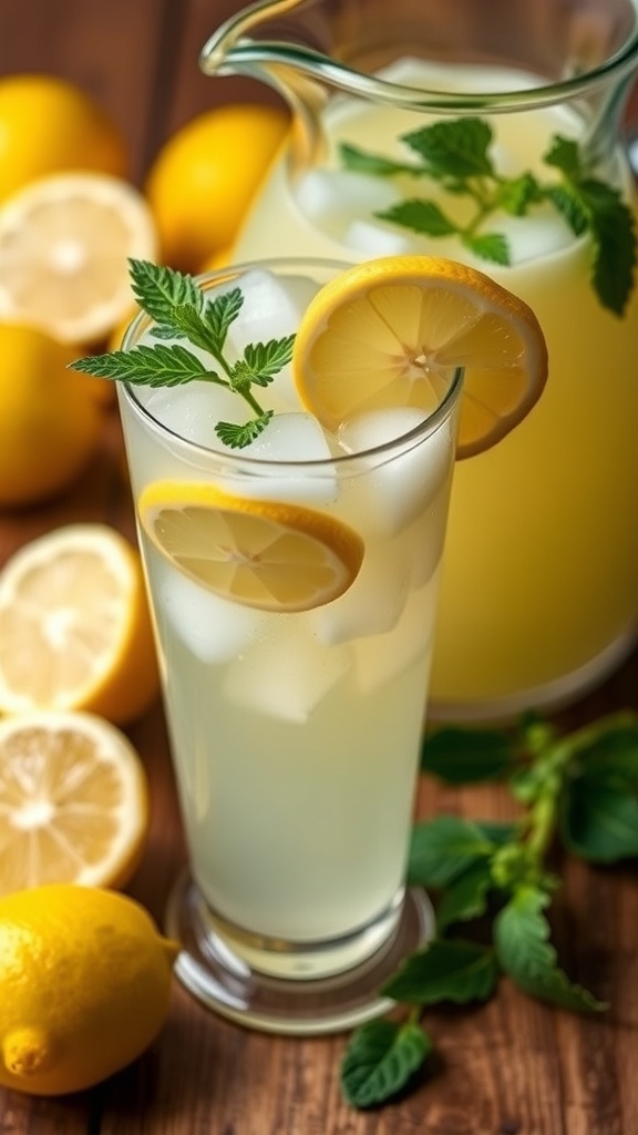 Refreshing Lemonade Recipe A glass of lemonade with ice, lemon slice, and mint, next to a pitcher of lemonade and fresh lemons.